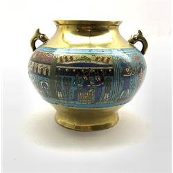 19th/ early 20th century Chinese twin-handled brass vase, the body with a central band of champlevé enamel depicting Egyptian style figures and motifs, H18cm x L22cm