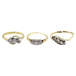 Gold four stone diamond crossover ring, gold three stone diamond ring and one other three white stone ring, all 18ct stamped or tested 