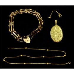 Collection of 9ct gold jewellery including oval locket pendant, three bar gate bracelet with heart locket clasp and a ball chain necklace, all hallmarked 