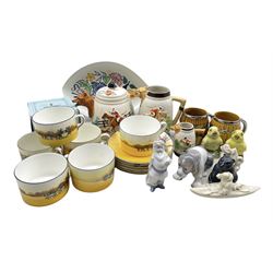 Lladro Dog, bell and Santa Claus Christmas decoration, Hunting theme relief moulded teapot, hot water pot and milk jug, Royal Doulton series ware cups and saucers and other decorative items in one box