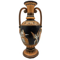 Victorian Grecian style twin handled vase by Samuel Alcock & Co depicting 'The Nuptials of Paris & Helen', H25.5cm 