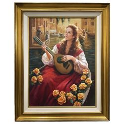 R Athbone (Italian Contemporary): Girl Playing Mandolin in a Gondola in Venice, oil on canvas signed 101cm x 76cm
