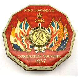 Rare Rowntree Edward VIII 1937 Coronation souvenir tin containing the original chocolates and note from Rowntree W14cm