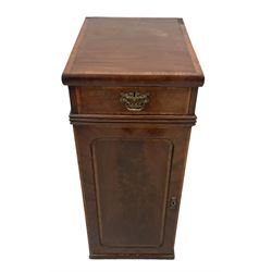 Regency period figured mahogany twin-pedestal sideboard, fitted with to drawers over reeded edge, fitted with two panelled cupboards with rear pot cupboard to the right, with all-over satinwood banding