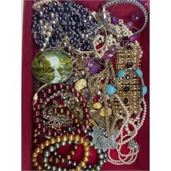 A quantity of costume jewellery including beaded necklaces, Honora collection bracelet, simulated coral and ivory bangles, two ladies cased Sekonda watch, bracelet and necklace set etc in one box
