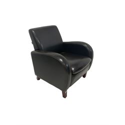 Armchair upholstered in brown faux leather, raised on square tapering supports 