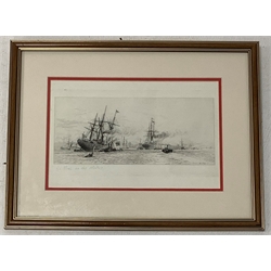 W Wyllie etching 'Shipping on the Mersey', titled in pencil, 16cm x 28cm and an indistinctly signed watercolour of York
