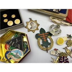 Part set of six gilt metal buttons by Firmin & Sons with lion and shell crest, boxed, collection of various enamel and other badges and pins and two small plated challenge cups