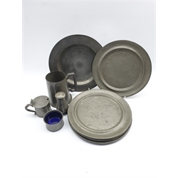 Set of six late 18th/early 19th Century pewter plates by Thomas Alderson engraved with a crest of a falcon on a gloved hand  D24cm another pewter plate and four other items