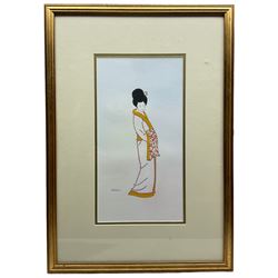 Eileen Catlin (British Contemporary): 'Bijin (Beautiful Woman' and 'Hinatsuru (Young Crane)', piar ink watercolour and illuminated inks signed, titled verso 36cm x 19cm (2)