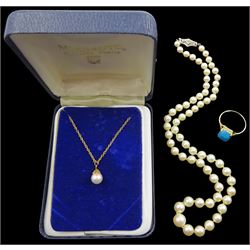 Single strand cultured pearl necklace with white gold and rose cut diamond clasp, gold cultured pearl pendant necklace, in Mikimoto box and a gold blue stone ring, all 9ct 