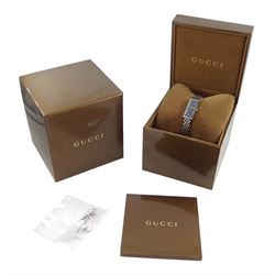 Gucci stainless steel quartz ladies wristwatch, Ref 127.5, black dial with diamond hour markers at 3, 6 and 9 o'clock, boxed with additional links