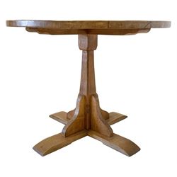 'Gnomeman' oak circular dining table, on square tapered column carved with gnome signature, out splayed sledge supports with tooled brackets, by Thomas Whittaker of Littlebeck, D97cm, H75cm