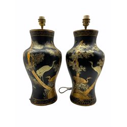 Pair of Oriental design black lacquer baluster table lamps with gilt decoration H46cm excluding fitting, to match the previous lot