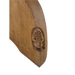 'Gnomeman' oak coffee table, rectangular adzed top, on shaped end supports joined by plain stretcher, with Yorkshire Rose mounts to each end, carved with gnome signature, by Thomas Whittaker of Littlebeck