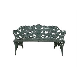 Colebrookdale style aluminium garden bench painted in duck egg blue, the back arms and supports depicting ferns with slat seat  