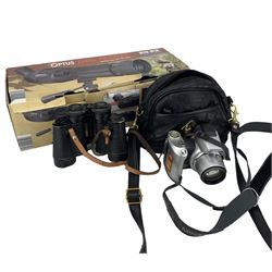 Optus 20-60x60 spotting scope with table tripod, boxed, Minolta camera and pair of Nipole 8x30 binoculars