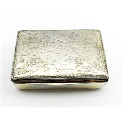 Rare George III silver rectangular box, the hinged cover engraved with a plan of the battle of Talavera showing the position of the British, French and Spanish forces, the sides of the box engraved with a key to the plan, the base engraved with a crest and motto with a gilded interior 10.5cm x 7cm x 3cm London 1814 Maker Thomas Phipps, Edward Robinson and James Phipps 9.3oz 