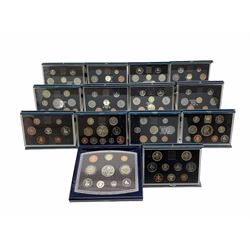 Fourteen Royal Mint United Kingdom proof coin collections dated 1983, 1984, 1985, 1986, 1987, 1988, 1989, 1991, 1992, 1995, 1996, 1997, 1999 and 2001 all cased or boxed