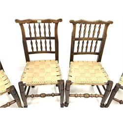 Set of five 19h century oak spindle back chairs, with shaped cresting rail over woven seat, raised on turned front supports and stretchers, W49cm