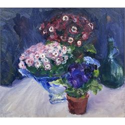 Donaldson (British 20th century): Still Life of Pansies on a Ledge, oil on board signed 44cm x 49cm