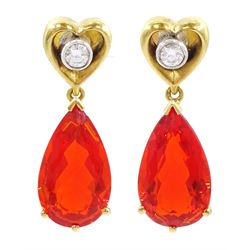 Pair of 18ct gold fire opal and diamond pendant earrings, pear cut fire opals suspended from round cut diamond set heart surrounds, London 2003, total diamond weight approx 0.30 carat
