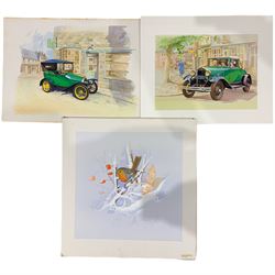 English School (20th century): Ford Model T, pair watercolours unsigned together with a watercolour of a Robin in winter max 40cm x 40cm (3) (unframed)