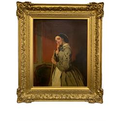 English school (19th century): Coy Victorian Maid with Broom, oil on canvas unsigned, housed in fine gilt frame 49cm x 39cm