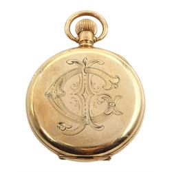 American gold-plated open face lever pocket watch by Waltham, No. 23910361, white enamel dial with Roman numerals and subsidiary seconds dial, the back case with monogrammed initials