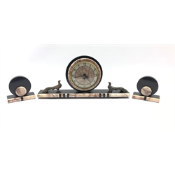 French Art Deco clock garniture, the marble, onyx and black slate clock surmounted by two bronzed metal pheasants, L53cm 