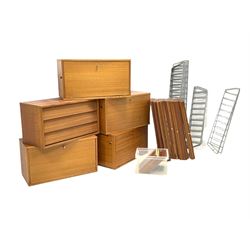 Vintage mid century teak Ladderax type modular wall unit, comprising open shelves, drawers, fall front cupboards, mounted on aluminium wall hanging frame 