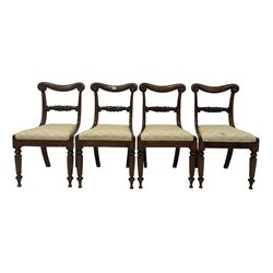 Set four 19th century mahogany dining chairs, the shaped cresting rail and back rail over drop in seat pad, raised on octagonal supports 