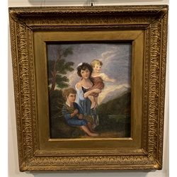 19th century oil on board, a family group gathering wood, 22cm x 18cm 