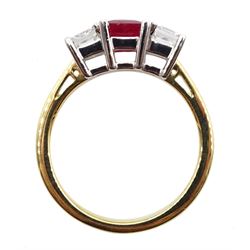 18ct gold three stone ruby and princess cut diamond ring, hallmarked, ruby approx 1.00 carat
