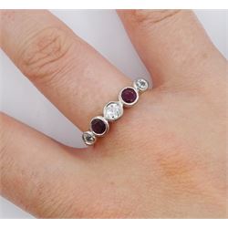 18ct gold five stone round brilliant cut diamond and ruby ring, stamped