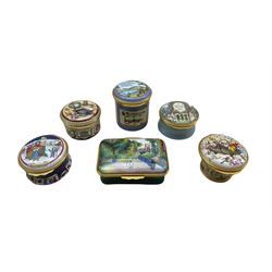 Six Halcyon Days enamel boxes comprising 'The Compleat Angler', 'A Special Thank You', 'We Must Cultivate our Garden', 'Christmas 1993', 'The Art Institute of Chicago 1998' and one other (6)