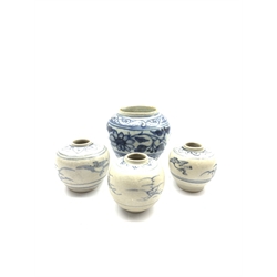 Hoi An Hoard blue and white pot, two similar pots, together with a small Chinese Provincial blue and white jar H8cm (4)