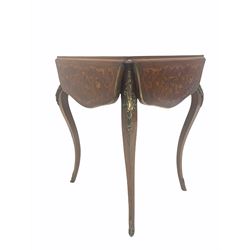 Early 20th century French kingwood marquetry occasional table, the square top with four shaped drop leaves with applied brass edge, raised on slender shaped supports with floral cast metal mounts to shoulder and sabot feet 55cm x 55cm, H76cm