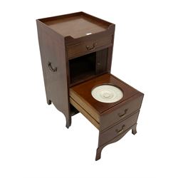 George III mahogany night-cabinet commode, raised gallery enclosing washbasin and bowl rests with removable lid, false frieze drawer over cupboard enclosed by tambour roll door, pull-out commode disguised as two false drawers, on shaped apron with splayed bracket feet 