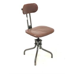 Mid 20th century 'Leabank' machinists chair, angle adjustable back rest and rise and fall seat upholstered in brown vinyl, raised on four tubular splayed supports 