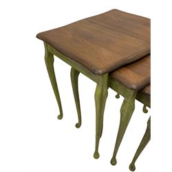 Late 20th century walnut nest of three tables, shaped top on cabriole supports, in distressed green paint and waxed finish