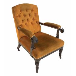 Late Victorian mahogany open armchair, with buttoned back, turned arm terminals and front supports, raised on castors, bearing a paper label inscribed 'Marsh Jones and Cribb' 62cm
