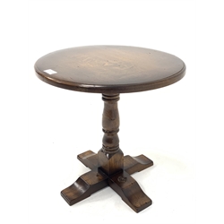 'Royal oak' occasional table , circular top raised on turned column and cruciform base, carved with Yorkshire rose D46cm