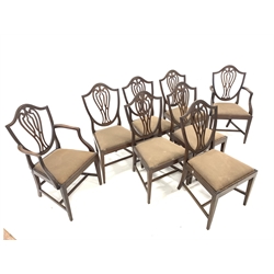 Set eight (6+2) 19th century mahogany Hepplewhite style shield back dining chairs, with pierced splat, drop in upholstered seat pads, reeded and fluted arm terminals, raised on square tapered supports united by 'H' stretcher, W52cm