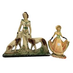 Large Art Deco painted plaster group of a woman with two borzoi hounds, H53cm and another plaster figure (2)