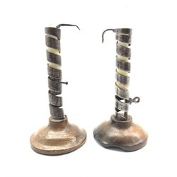 Pair of 18th Century iron spiral twist ejector candlesticks  on wooden bases H20cm