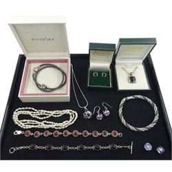 Pair of silver jet stud earrings and similar pendant necklace, both by W Hamond, Whitby, boxed, silver amethyst and diamond pendant necklace and matching pair of earrings, Pandora cord necklace with single charm, silver stone set bracelets, silver twist bracelet and other jewellery