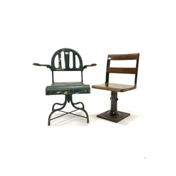 Mid 20th century industrial machinists armchair, the stamped metal top raised on a rise and fall swivel four point base, (W63cm) together with another industrial chair (W41cm)