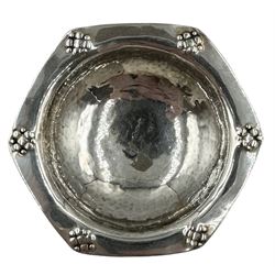 Hammered silver Arts and Crafts hexagonal dish decorated with raspberry prunts W8cm London 1913 Maker Philip Frederick Alexander 