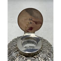 Late Victorian domed glass inkwell with silver pierced foliate mounts and cover by Samuel Jacob, London 1895 D13.5cm